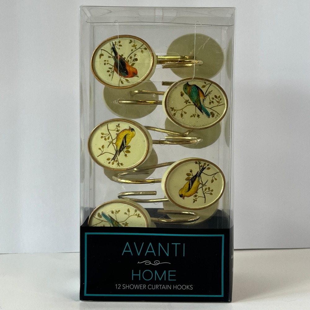Avanti Gilded Birds Shower Curtain Hooks 12pc Set Ivory Gold Chad Barrett 11984G